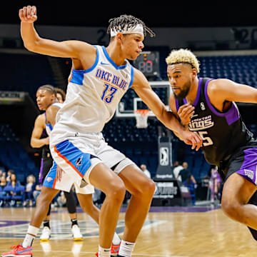 Oklahoma City Blue forward Ousmane Dieng (13) plays defense against the Stockton Kings