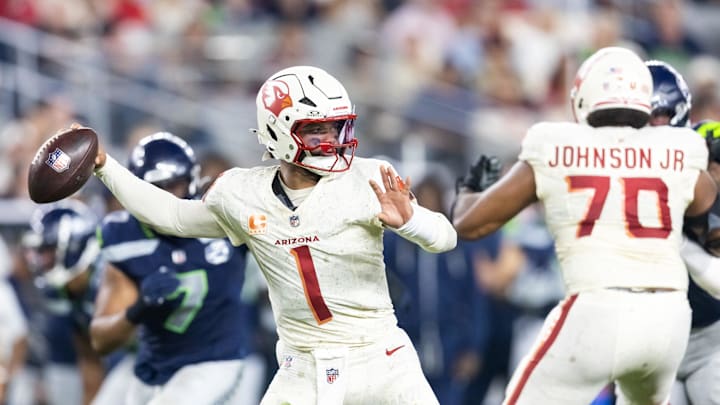 Sep 25, 2025; Glendale, Arizona, USA; Arizona Cardinals quarterback Kyler Murray (1) against the Seattle Seahawks at State Farm Stadium. Mandatory Credit: Mark J. Rebilas-Imagn Images