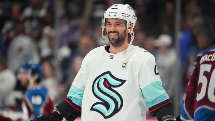 Apr 30, 2023; Denver, Colorado, USA; Seattle Kraken defenseman Justin Schultz (4) before the start of game seven against the Colorado Avalanche in the first round of the 2023 Stanley Cup Playoffs at Ball Arena. Mandatory Credit: Ron Chenoy-USA TODAY Sports