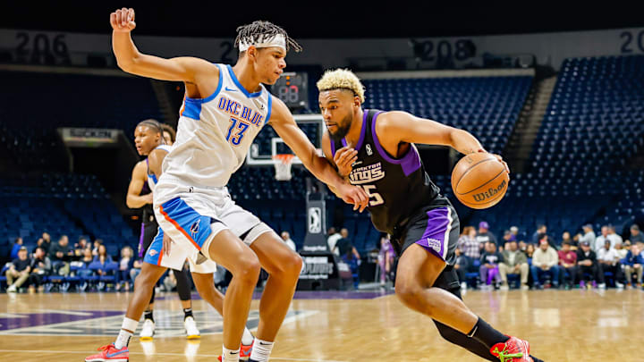 Oklahoma City Blue forward Ousmane Dieng (13) plays defense against the Stockton Kings