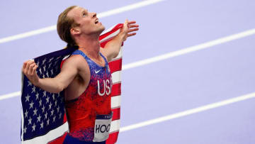 Aug 6, 2024; Paris Saint-Denis, France; Cole Hocker (USA) celebrates after winning the menís 1500m final during the Paris 2024 Olympic Summer Games at Stade de France. Mandatory Credit: John David Mercer-USA TODAY Sports