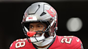 Aug 9, 2025; Tampa, Florida, USA; Tampa Bay Buccaneers safety Shilo Sanders (28) takes the field for warmups before a preseason game against the Tennessee Titans at Raymond James Stadium. Mandatory Credit: Nathan Ray Seebeck-Imagn Images