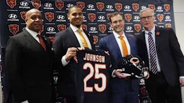 Jan 22, 2025; Lake Forest, IL, USA; Chicago Bears (R-L) President Kevin Warren, general manager Ryan Poles, new head coach Ben Johnson and chairman George McCaskey  pose for photos after a press conference introducing Johnson at PNC Center. Mandatory Credit: David Banks-Imagn Images