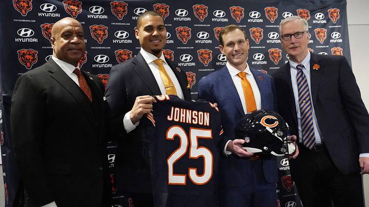 Jan 22, 2025; Lake Forest, IL, USA; Chicago Bears (R-L) President Kevin Warren, general manager Ryan Poles, new head coach Ben Johnson and chairman George McCaskey  pose for photos after a press conference introducing Johnson at PNC Center. Mandatory Credit: David Banks-Imagn Images