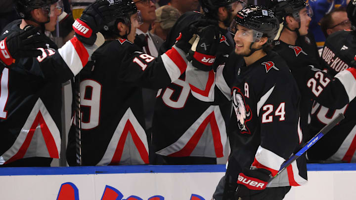 Nov 1, 2024; Buffalo, New York, USA;  Buffalo Sabres center Dylan Cozens (24) celebrates his goal with teammates during the first period against the New York Islanders at KeyBank Center. Mandatory Credit: Timothy T. Ludwig-Imagn Images
