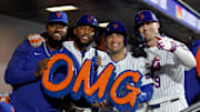 Sep 18, 2024; New York City, New York, USA; New York Mets left fielder Brandon Nimmo (9) celebrates his three run home run against the Washington Nationals with starting pitcher Luis Severino (40) and designated hitter Starling Marte (6) and second baseman Jose Iglesias (11) during the fourth inning at Citi Field. 
