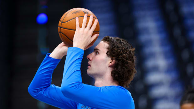 May 18, 2024; Dallas, Texas, USA; Oklahoma City Thunder guard Josh Giddey (3) warms up before game six against the Dallas Mavericks in the second round of the 2024 NBA playoffs at American Airlines Center. Mandatory Credit: Kevin Jairaj-USA TODAY Sports