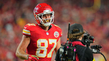 Oct 27, 2025; Kansas City, Missouri, USA; Kansas City Chiefs tight end Travis Kelce (87) celebrates after scoring a touchdown against the Washington Commanders during the third quarter of the game at GEHA Field at Arrowhead Stadium. Mandatory Credit: Jay Biggerstaff-Imagn Images