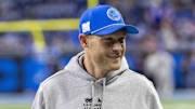 Dec 15, 2024; Detroit, Michigan, USA; Detroit Lions offensive coordinator Ben Johnson during warm ups before a game against the Buffalo Bills at Ford Field. Mandatory Credit: David Reginek-Imagn Images