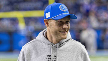 Dec 15, 2024; Detroit, Michigan, USA; Detroit Lions offensive coordinator Ben Johnson during warm ups before a game against the Buffalo Bills at Ford Field. Mandatory Credit: David Reginek-Imagn Images