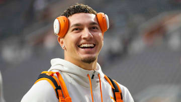 Tennessee quarterback Joey Aguilar (6) smiles before a NCAA football game between the Tennessee Volunteers and Oklahoma Sooners at Neyland Stadium in Knoxville, Tenn., on November 1, 2025.