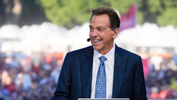Oct. 4, 2025; Tuscaloosa, Alabama, USA; Former Alabama coach Nick Saban smiles as he is on set during ESPN’s College GameDay on location on the Quad at the University of Alabama before the Alabama versus Vanderbilt game.
