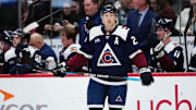 Mar 10, 2025; Denver, Colorado, USA; Colorado Avalanche center Nathan MacKinnon (29) during the second period against the Chicago Blackhawks at Ball Arena. Mandatory Credit: Ron Chenoy-Imagn Images