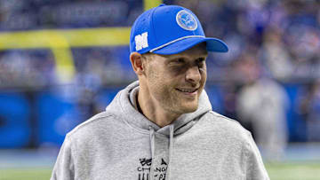 Dec 15, 2024; Detroit, Michigan, USA; Detroit Lions offensive coordinator Ben Johnson during warm ups before a game against the Buffalo Bills at Ford Field. Mandatory Credit: David Reginek-Imagn Images