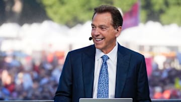 Oct. 4, 2025; Tuscaloosa, Alabama, USA; Former Alabama coach Nick Saban smiles as he is on set during ESPN’s College GameDay on location on the Quad at the University of Alabama before the Alabama versus Vanderbilt game.