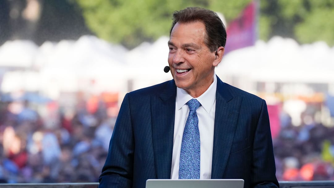 Oct. 4, 2025; Tuscaloosa, Alabama, USA; Former Alabama coach Nick Saban smiles as he is on set during ESPN’s College GameDay on location on the Quad at the University of Alabama before the Alabama versus Vanderbilt game.