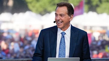 Oct. 4, 2025; Tuscaloosa, Alabama, USA; Former Alabama coach Nick Saban smiles as he is on set during ESPN’s College GameDay on location on the Quad at the University of Alabama before the Alabama versus Vanderbilt game.