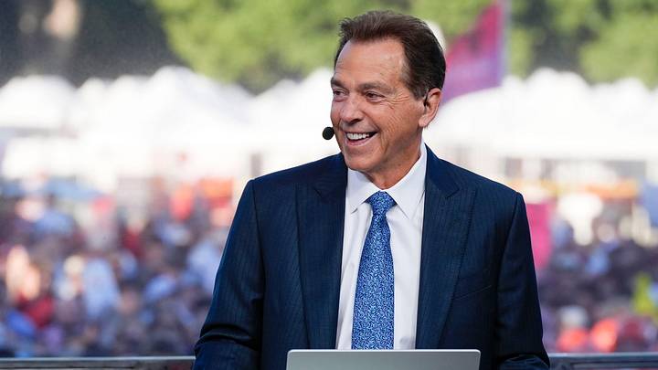 Oct. 4, 2025; Tuscaloosa, Alabama, USA; Former Alabama coach Nick Saban smiles as he is on set during ESPN’s College GameDay on location on the Quad at the University of Alabama before the Alabama versus Vanderbilt game.