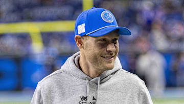 Dec 15, 2024; Detroit, Michigan, USA; Detroit Lions offensive coordinator Ben Johnson during warm ups before a game against the Buffalo Bills at Ford Field. Mandatory Credit: David Reginek-Imagn Images