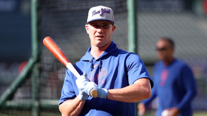 Aug 2, 2024; Anaheim, California, USA;  New York Mets first baseman Pete Alonso (20) on the field during batting practice before the game against the Los Angeles Angels at Angel Stadium. 