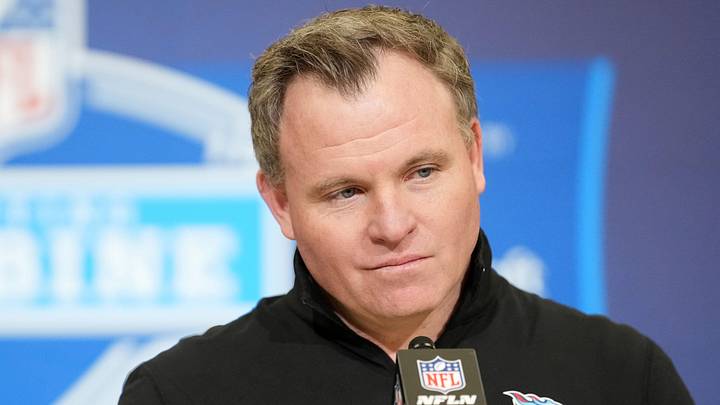 Feb 25, 2026; Indianapolis, IN, USA; Tennessee Titans general manager Mike Borgonzi speaks during the NFL Scouting Combine at the Indiana Convention Center. Mandatory Credit: Kirby Lee-Imagn Images