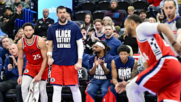 Feb 13, 2025; Salt Lake City, Utah, USA; LA Clippers bench reacts after a basket against the Utah Jazz during overtime at the Delta Center. Mandatory Credit: Christopher Creveling-Imagn Images