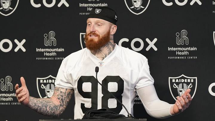 Las Vegas Raiders defensive end Maxx Crosby speaks during a news conference during organized team activities.