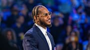 February 20, 2022; Cleveland, Ohio, USA; NBA great Carmelo Anthony is honored for being selected to the NBA 75th Anniversary Team during halftime in the 2022 NBA All-Star Game at Rocket Mortgage FieldHouse. Mandatory Credit: Kyle Terada-Imagn Images