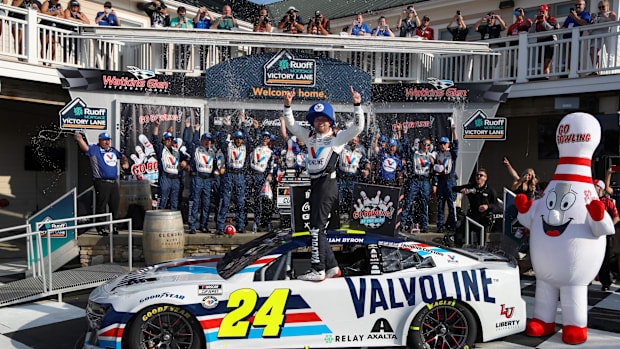 William Byron celebrates in victory lane after winning the 2023 Go Bowling at The Glen at Watkins Glen International