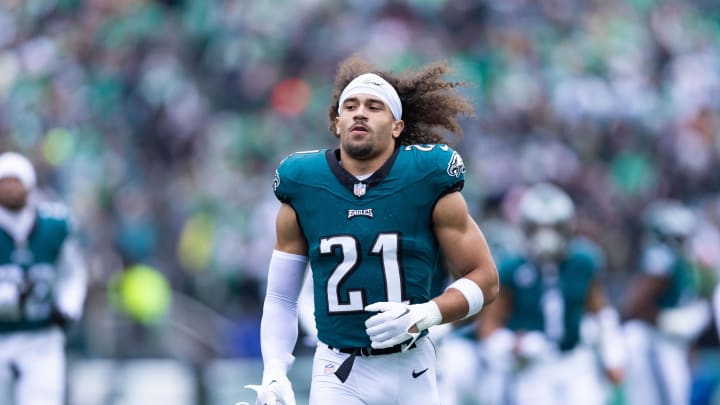 Dec 31, 2023; Philadelphia, Pennsylvania, USA; Philadelphia Eagles safety Sydney Brown (21) before action against the Arizona Cardinals at Lincoln Financial Field. Mandatory Credit: Bill Streicher-USA TODAY Sports