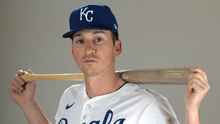 Feb 19, 2025; Surprise, AZ, USA; Kansas City Royals Cam Devanney (99) poses for a photo during media day. Mandatory Credit: Jayne Kamin-Oncea-Imagn Images  