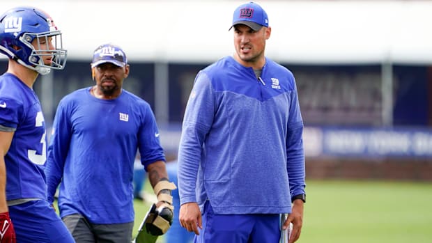 New York Giants offensive coordinator Mike Kafka during a training camp practice  