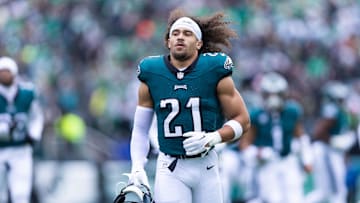 Dec 31, 2023; Philadelphia, Pennsylvania, USA; Philadelphia Eagles safety Sydney Brown (21) before action against the Arizona Cardinals at Lincoln Financial Field. Mandatory Credit: Bill Streicher-Imagn Images