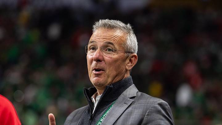 Jan 20, 2025; Atlanta, GA, USA; Ohio State Buckeyes former head coach Urban Meyer in attendance against the Notre Dame Fighting Irish during the CFP National Championship college football game at Mercedes-Benz Stadium. Mandatory Credit: Mark J. Rebilas-Imagn Images
