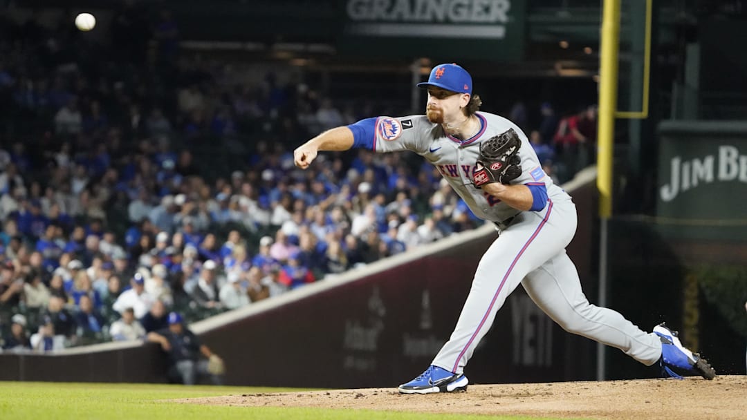 Sep 25, 2025; Chicago, Illinois, USA; New York Mets pitcher Nolan McLean (26) throws the ball against the Chicago Cubs during the first inning at Wrigley Field. Mandatory Credit: David Banks-Imagn Images
