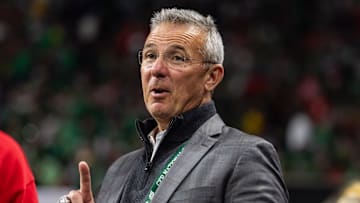 Jan 20, 2025; Atlanta, GA, USA; Ohio State Buckeyes former head coach Urban Meyer in attendance against the Notre Dame Fighting Irish during the CFP National Championship college football game at Mercedes-Benz Stadium. Mandatory Credit: Mark J. Rebilas-Imagn Images
