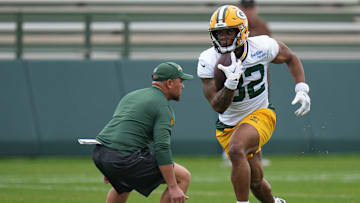Running back MarShawn Lloyd (32) is shown during organized team activities for the Green Bay Packers Tuesday, May 21, 2024 in Green Bay, Wisconsin.
