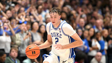 Nov 4, 2024; Durham, North Carolina, USA; Duke Blue Devils guard Cooper Flagg (2) brings the ball down court against the Maine Black Bears at Cameron Indoor Stadium during the second half. Mandatory Credit: Zachary Taft-Imagn Images