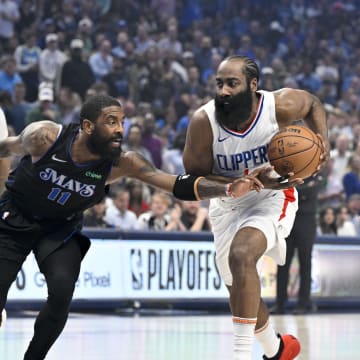 May 3, 2024; Dallas, Texas, USA; LA Clippers guard James Harden (1) drives to the basket past Dallas Mavericks guard Kyrie Irving (11) during the first quarter during game six of the first round for the 2024 NBA playoffs at American Airlines Center. Mandatory Credit: Jerome Miron-USA TODAY Sports
