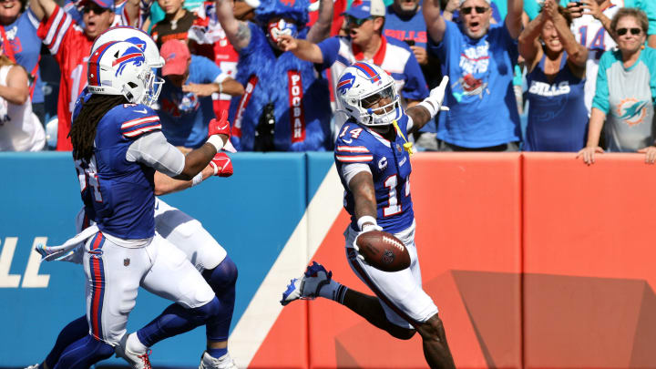 Bills receiver Stefon Diggs scores on this 55-yard pass from Josh Allen. Diggs caught six pass for