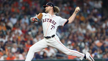 Oct 1, 2024; Houston, Texas, USA; Houston Astros pitcher Josh Hader (71) throws a pitch against the Detroit Tigers in the ninth inning in game one of the Wild Card round for the 2024 MLB Playoffs at Minute Maid Park.