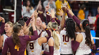 The ASU volleyball team celebrates its 3-1 win over the Cincinnati Bearcats at Desert Financial Arena on Nov. 26, 2025.
