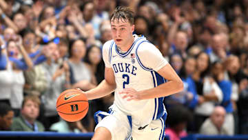 Nov 4, 2024; Durham, North Carolina, USA; Duke Blue Devils guard Cooper Flagg (2) brings the ball down court against the Maine Black Bears at Cameron Indoor Stadium during the second half. Mandatory Credit: Zachary Taft-Imagn Images