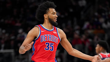 Mar 25, 2022; Detroit, Michigan, USA; Detroit Pistons forward Marvin Bagley III (35) celebrates