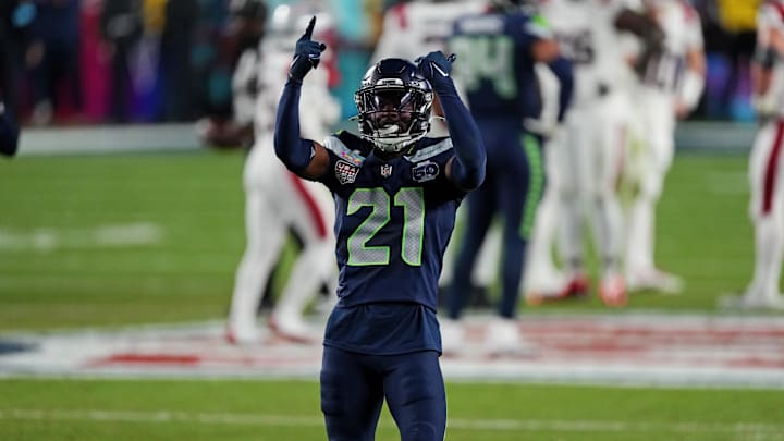 Feb 8, 2026; Santa Clara, CA, USA; Seattle Seahawks cornerback Devon Witherspoon (21) celebrates after a play during the fourth quarter against the New England Patriots in Super Bowl LX at Levi's Stadium. Mandatory Credit: Cary Edmondson-Imagn Images