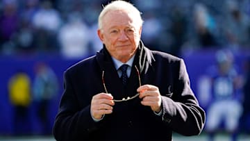 Dallas Cowboys owner and general manager Jerry Jones on the field for warmups before the Cowboys take on the New York Giants at MetLife Stadium.