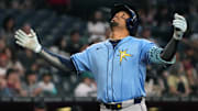 Tampa Bay Rays outfielder Christopher Morel (24) reacts after hitting a solo home run against the Arizona Diamondbacks.