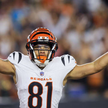 Aug 10, 2024; Cincinnati, Ohio, USA; Cincinnati Bengals wide receiver Jermaine Burton (81) reacts after scoring a touchdown in the second half against the Tampa Bay Buccaneers at Paycor Stadium. Mandatory Credit: Katie Stratman-USA TODAY Sports