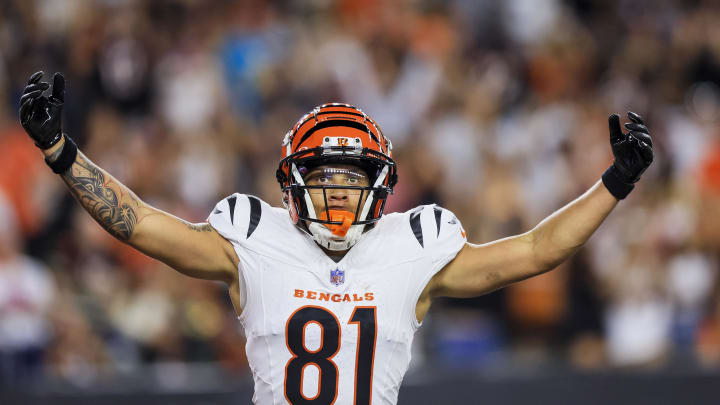 Aug 10, 2024; Cincinnati, Ohio, USA; Cincinnati Bengals wide receiver Jermaine Burton (81) reacts after scoring a touchdown in the second half against the Tampa Bay Buccaneers at Paycor Stadium. Mandatory Credit: Katie Stratman-USA TODAY Sports