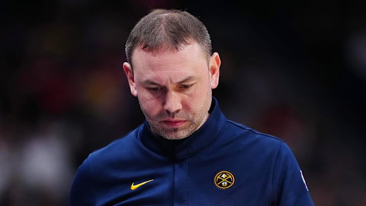 Dec 15, 2025; Denver, Colorado, USA; Denver Nuggets head coach David Adelman during the second quarter against the Houston Rockets at Ball Arena. Mandatory Credit: Ron Chenoy-Imagn Images